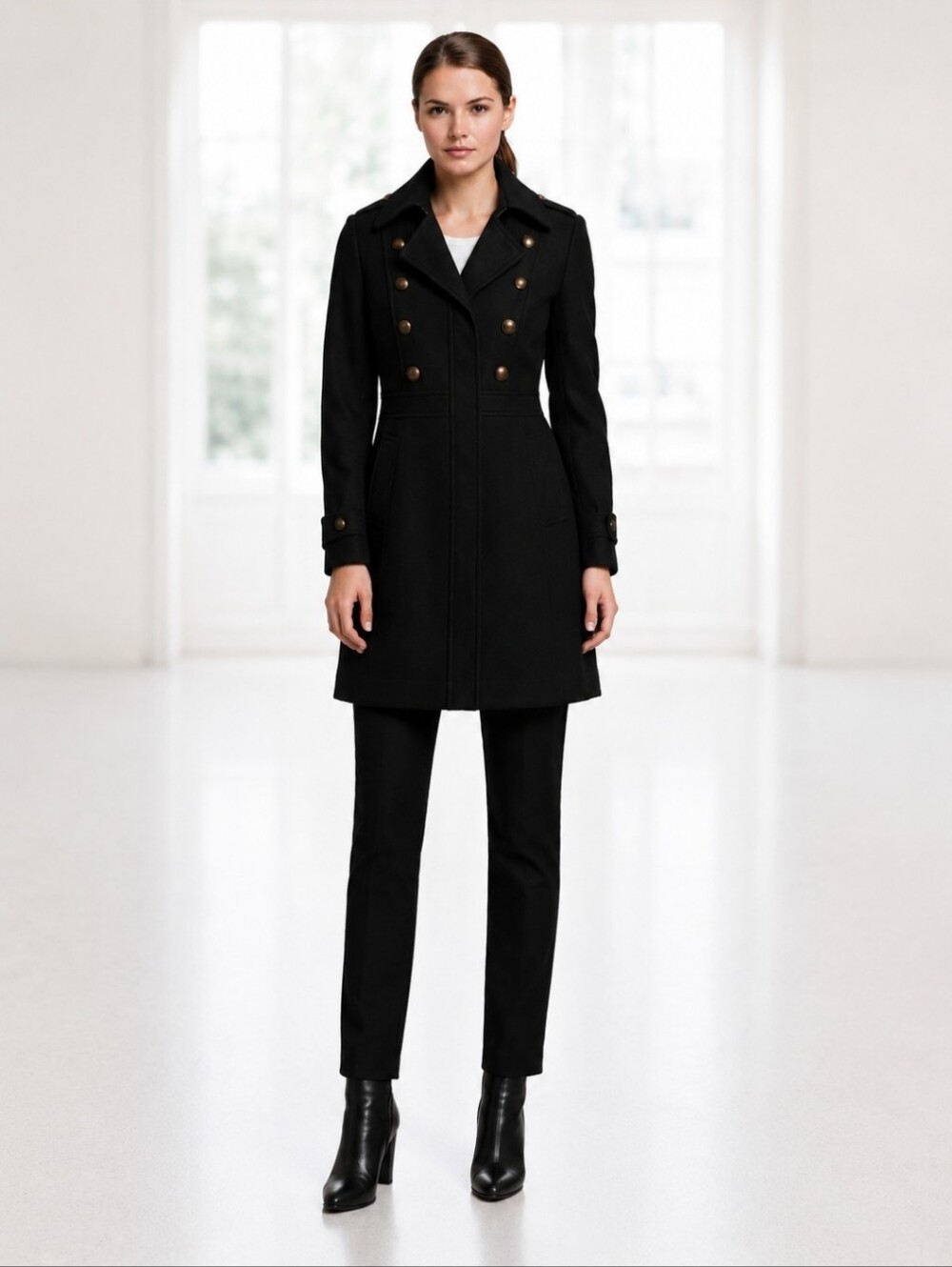 ESPRIT | Black Wool Blend Military-Inspired Pea Coat
